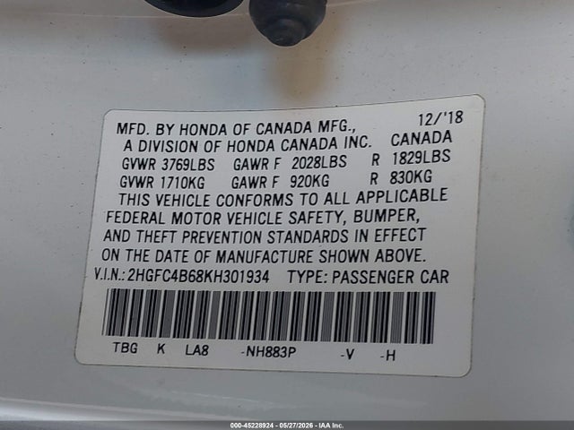 45228924 :رقم المزاد ، 2HGFC4B68KH301934 vin ، 2019 Honda Civic Lx مزاد بيع