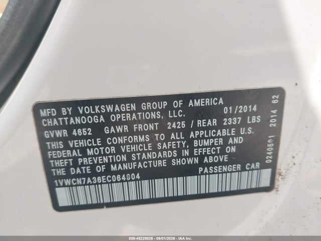 Aukcja sprzedaży 2014 Volkswagen Passat 2.0l Tdi Sel Premium, vin: 1VWCN7A36EC064904, numer aukcji: 45228926