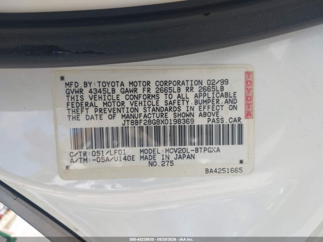 1999 Lexus Es 300 მანქანა იყიდება აუქციონზე, vin: JT8BF28G8X0198369, აუქციონის ნომერი: 45228930