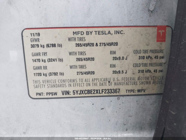 Продажа на аукционе авто 2020 Tesla Model X Long Range Dual Motor All-wheel Drive/long Range Plus Dual Motor All-wheel Drive, vin: 5YJXCBE2XLF233367, номер лота: 45228947