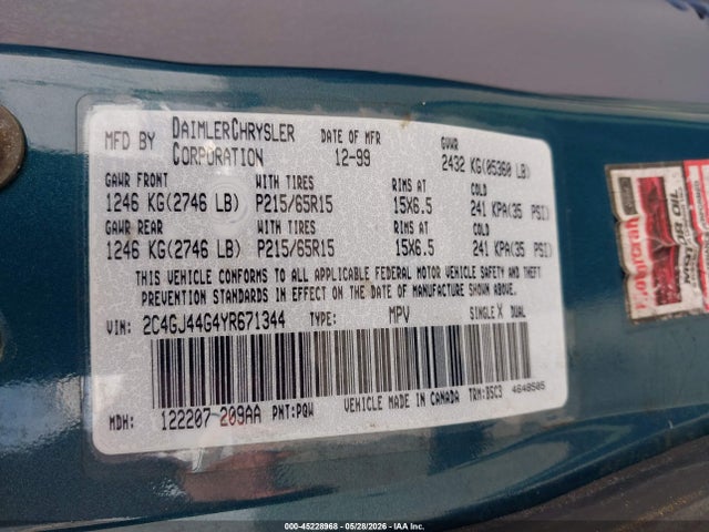 Продаж на аукціоні авто 2000 Chrysler Grand Voyager Se, vin: 2C4GJ44G4YR671344, номер лоту: 45228968