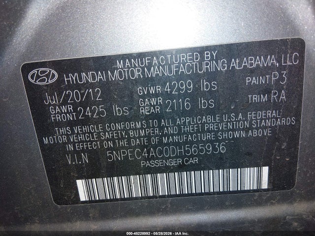 45228992 :رقم المزاد ، 5NPEC4AC0DH565936 vin ، 2013 Hyundai Sonata Se مزاد بيع
