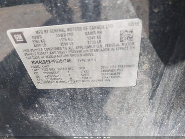 45228998 :رقم المزاد ، 2GNALBEK9F6301746 vin ، 2015 Chevrolet Equinox 1lt مزاد بيع
