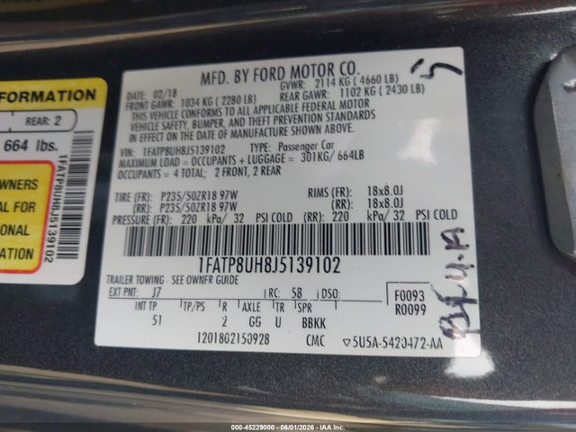 Продаж на аукціоні авто 2018 Ford Mustang Ecoboost Premium, vin: 1FATP8UH8J5139102, номер лоту: 45229000