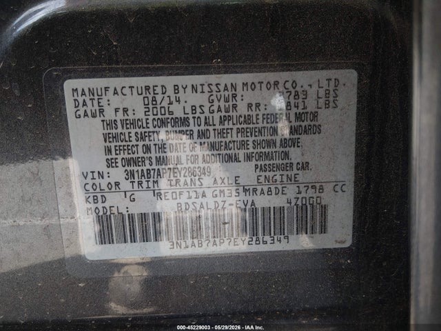 Aukcja sprzedaży 2014 Nissan Sentra Sv, vin: 3N1AB7AP7EY286349, numer aukcji: 45229003