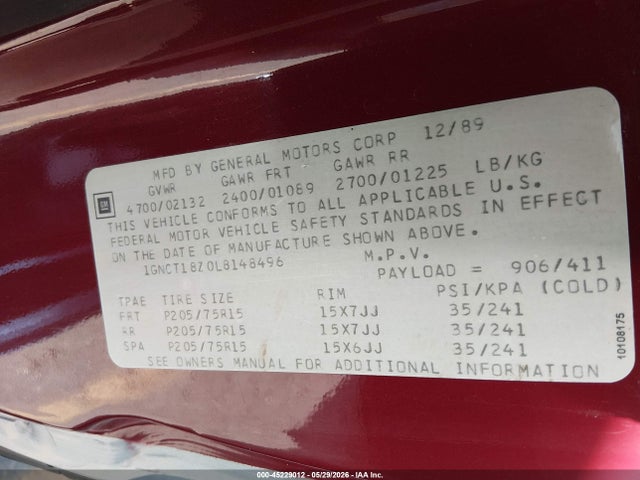 45229012 :رقم المزاد ، 1GNCT18Z0L8148496 vin ، 1990 Chevrolet Blazer S10 مزاد بيع