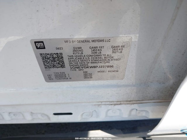 45229014 :رقم المزاد ، 1GNEVGKW8PJ237896 vin ، 2023 Chevrolet Traverse Awd Lt Cloth مزاد بيع