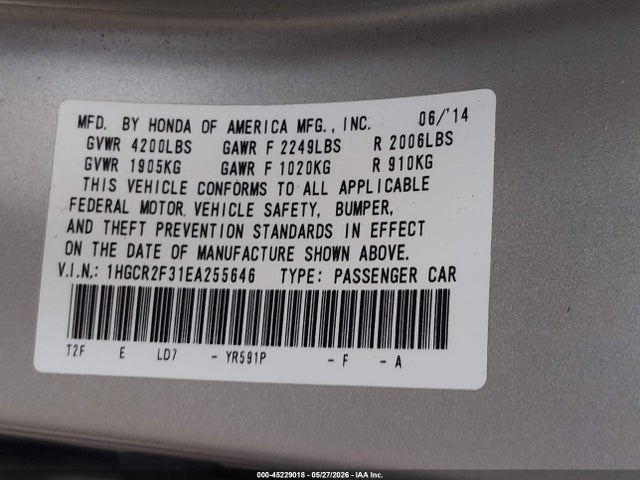 Aukcja sprzedaży 2014 Honda Accord Lx, vin: 1HGCR2F31EA255646, numer aukcji: 45229018