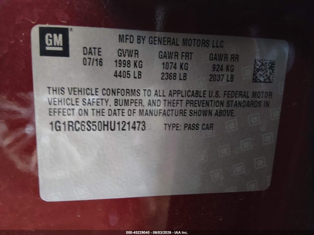 Aukcja sprzedaży 2017 Chevrolet Volt Lt, vin: 1G1RC6S50HU121473, numer aukcji: 45229040