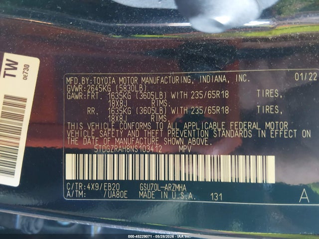 Aukcja sprzedaży 2022 Toyota Highlander Xle, vin: 5TDGZRAH8NS103412, numer aukcji: 45229071