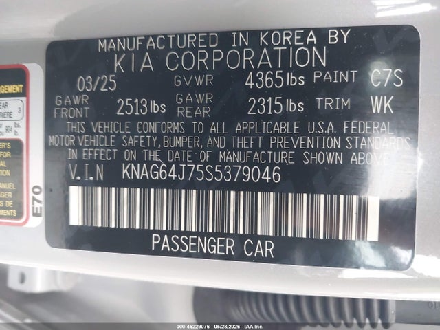 45229076 :رقم المزاد ، KNAG64J75S5379046 vin ، 2025 Kia K5 Gt-line مزاد بيع