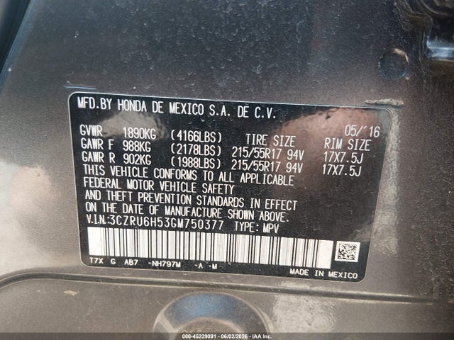 2016 Honda Hr-v Ex მანქანა იყიდება აუქციონზე, vin: 3CZRU6H53GM750377, აუქციონის ნომერი: 45229091