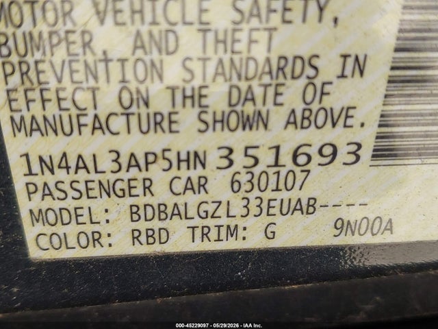 2017 Nissan Altima 2.5 S მანქანა იყიდება აუქციონზე, vin: 1N4AL3AP5HN351693, აუქციონის ნომერი: 45229097