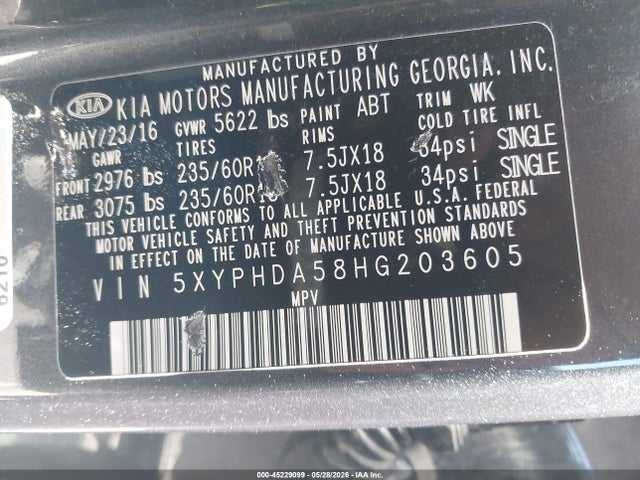 2017 Kia Sorento 3.3l Ex მანქანა იყიდება აუქციონზე, vin: 5XYPHDA58HG203605, აუქციონის ნომერი: 45229099