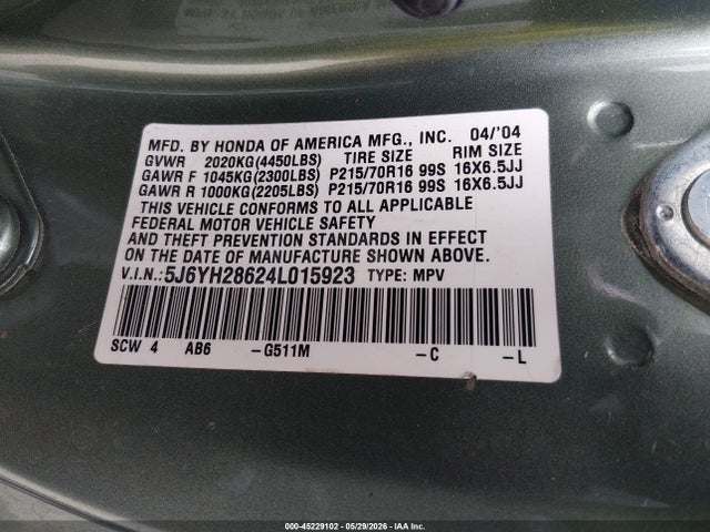 Продаж на аукціоні авто 2004 Honda Element Ex, vin: 5J6YH28624L015923, номер лоту: 45229102