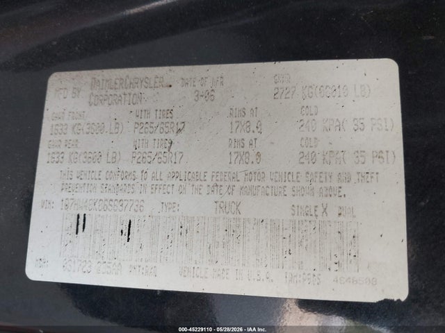 Aukcja sprzedaży 2006 Dodge Dakota Slt, vin: 1D7HW48K86S637736, numer aukcji: 45229110