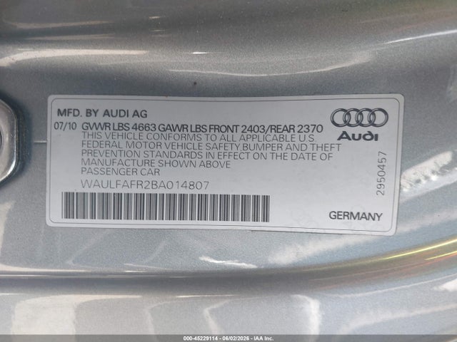 2011 Audi A5 2.0t Premium მანქანა იყიდება აუქციონზე, vin: WAULFAFR2BA014807, აუქციონის ნომერი: 45229114