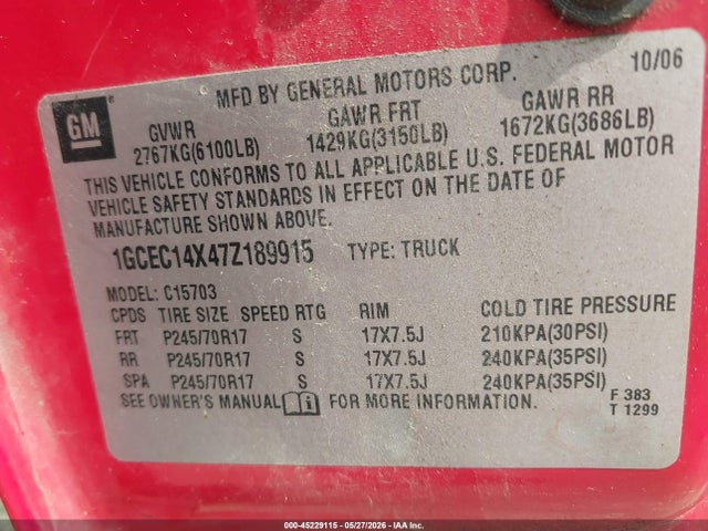 Aukcja sprzedaży 2007 Chevrolet Silverado 1500 Classic Work Truck, vin: 1GCEC14X47Z189915, numer aukcji: 45229115