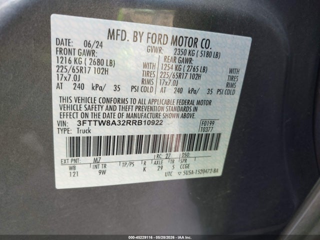 2024 Ford Maverick Xl მანქანა იყიდება აუქციონზე, vin: 3FTTW8A32RRB10922, აუქციონის ნომერი: 45229116