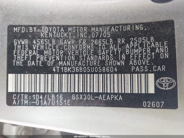 45229121 :رقم المزاد ، 4T1BK36B05U058604 vin ، 2005 Toyota Avalon Limited مزاد بيع