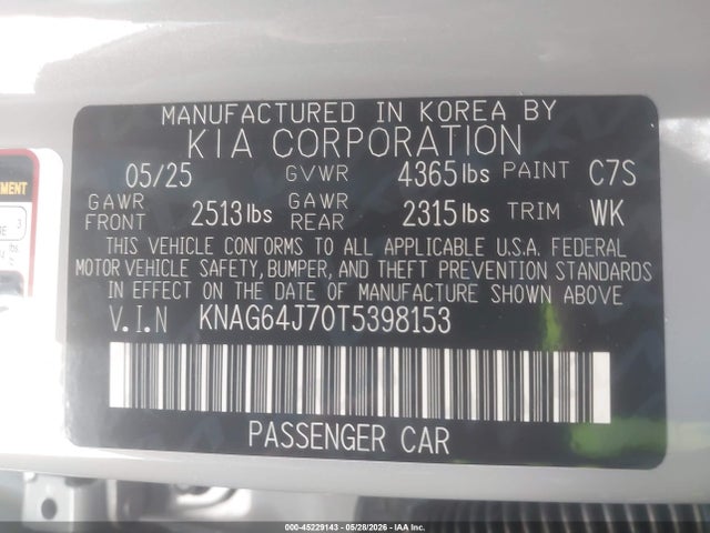 2026 Kia K5 Gt-line Fwd მანქანა იყიდება აუქციონზე, vin: KNAG64J70T5398153, აუქციონის ნომერი: 45229143