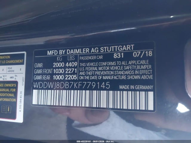 45229161 :رقم المزاد ، WDDWJ8DB7KF779145 vin ، 2019 Mercedes-benz C 300 مزاد بيع