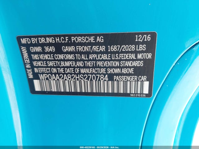 Aukcja sprzedaży 2017 Porsche 718 Cayman, vin: WP0AA2A82HS270784, numer aukcji: 45229165