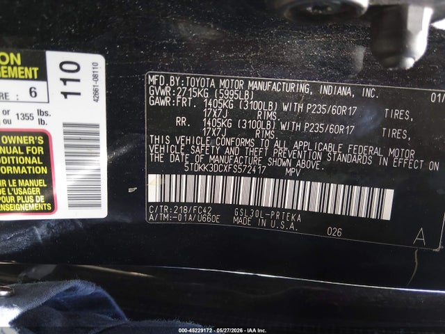 5TDKK3DCXFS572417 Toyota Sienna Le 8 Passenger