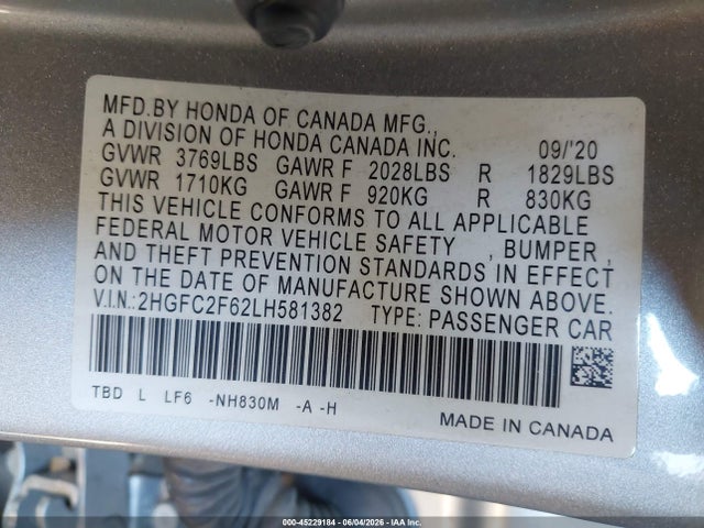 Honda Civic Lx 2020 2HGFC2F62LH581382 Image 9