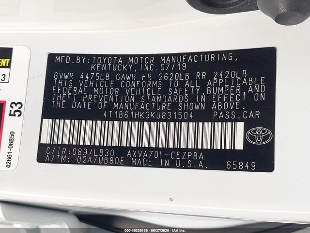 4T1B61HK3KU831504 Toyota CAMRY XSE