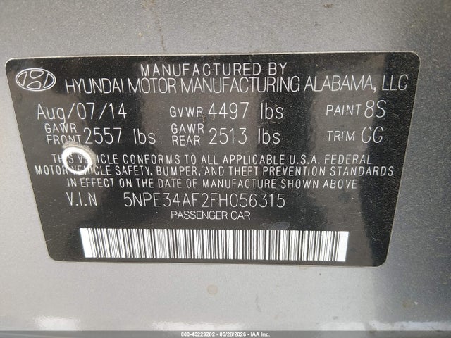 2015 Hyundai Sonata Sport მანქანა იყიდება აუქციონზე, vin: 5NPE34AF2FH056315, აუქციონის ნომერი: 45229202
