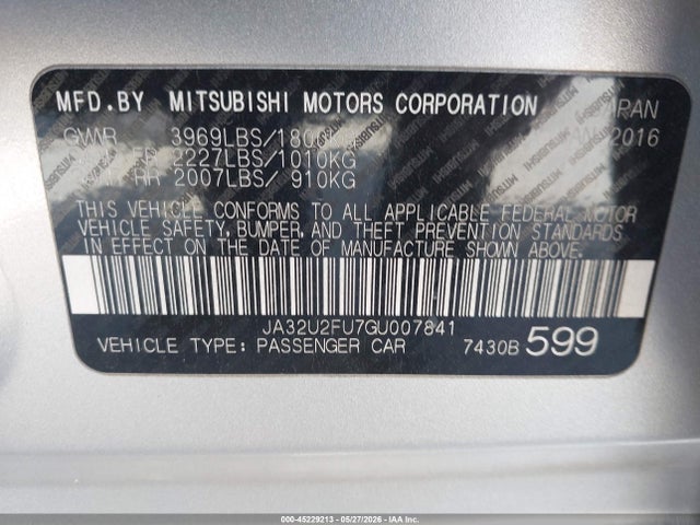 45229213 :رقم المزاد ، JA32U2FU7GU007841 vin ، 2016 Mitsubishi Lancer Es مزاد بيع