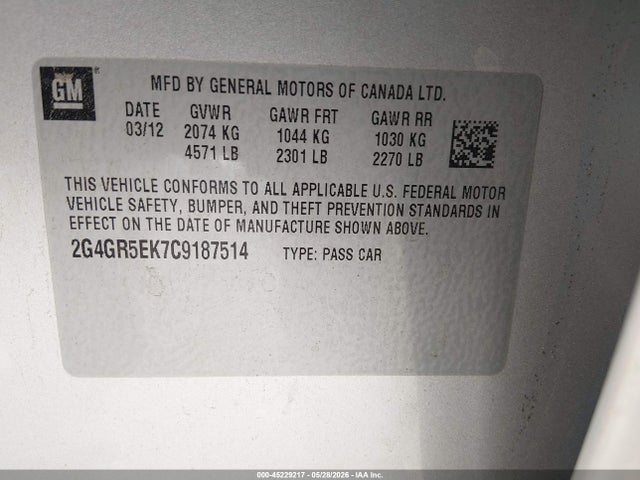 45229217 :رقم المزاد ، 2G4GR5EK7C9187514 vin ، 2012 Buick Regal مزاد بيع