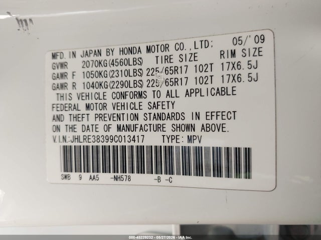 Aukcja sprzedaży 2009 Honda Cr-v Lx, vin: JHLRE38399C013417, numer aukcji: 45229232