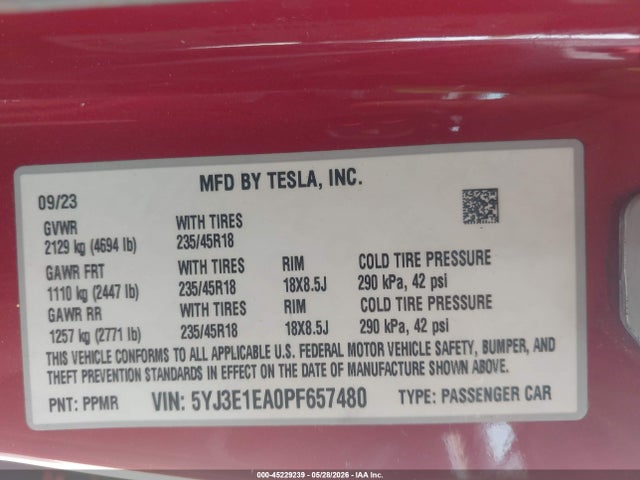 45229239 :رقم المزاد ، 5YJ3E1EA0PF657480 vin ، 2023 Tesla Model 3 Rear-wheel Drive مزاد بيع