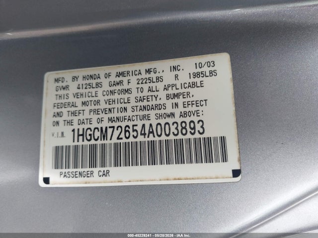 Aukcja sprzedaży 2004 Honda Accord 2.4 Ex, vin: 1HGCM72654A003893, numer aukcji: 45229241