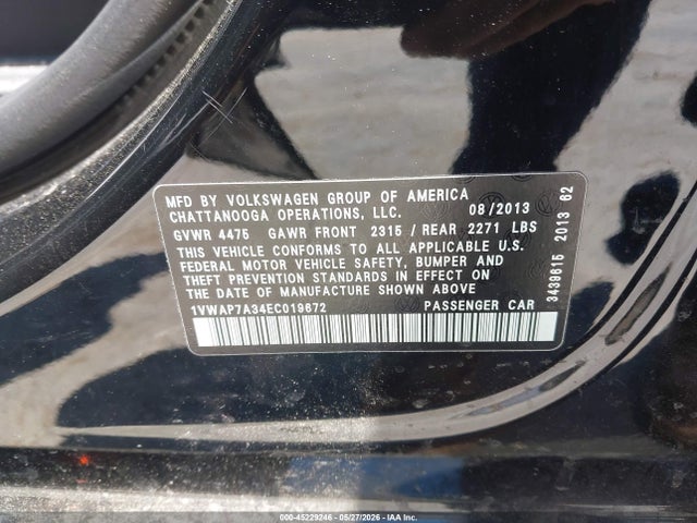 Aukcja sprzedaży 2014 Volkswagen Passat 2.5l S, vin: 1VWAP7A34EC019672, numer aukcji: 45229246