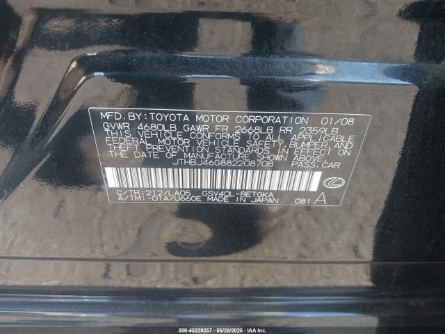 Aukcja sprzedaży 2008 Lexus Es 350, vin: JTHBJ46G882208708, numer aukcji: 45229257