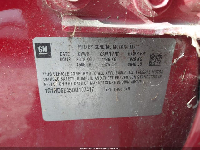 2013 Chevrolet Volt მანქანა იყიდება აუქციონზე, vin: 1G1RD6E45DU107417, აუქციონის ნომერი: 45229274