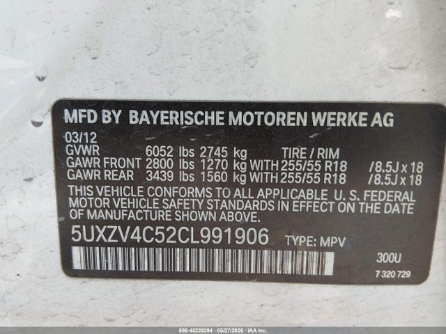 Продаж на аукціоні авто 2012 Bmw X5 Xdrive35i/xdrive35i Premium/xdrive35i Sport Activity, vin: 5UXZV4C52CL991906, номер лоту: 45229294