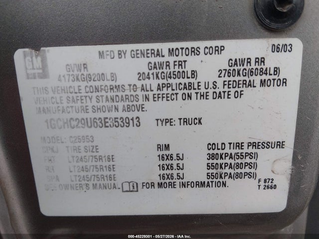 Aukcja sprzedaży 2003 Chevrolet Silverado 2500hd, vin: 1GCHC29U63E353913, numer aukcji: 45229301