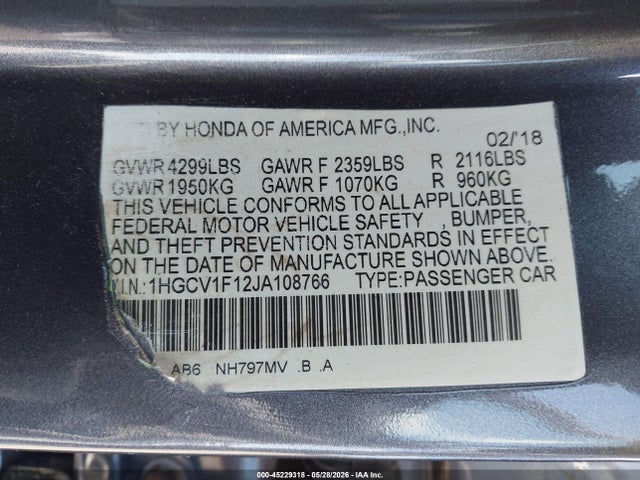 Продажа на аукционе авто 2018 Honda Accord Lx, vin: 1HGCV1F12JA108766, номер лота: 45229318