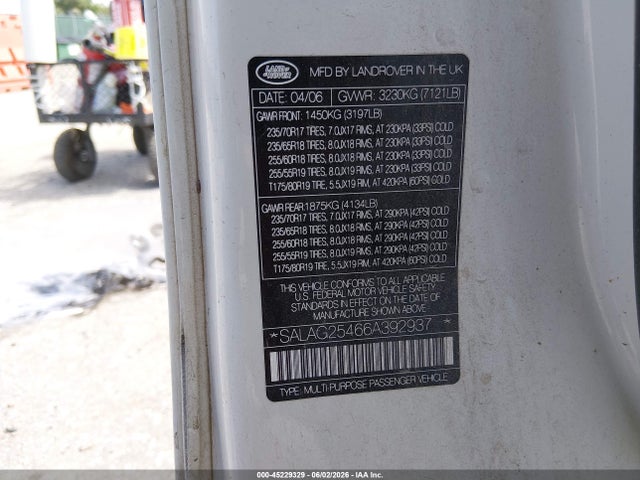 Aukcja sprzedaży 2006 Land Rover Lr3 V8 Hse, vin: SALAG25466A392937, numer aukcji: 45229329