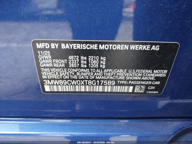 Aukcja sprzedaży 2026 Bmw 330i Xdrive Na, vin: 3MW89CW0XT8G17589, numer aukcji: 45229331