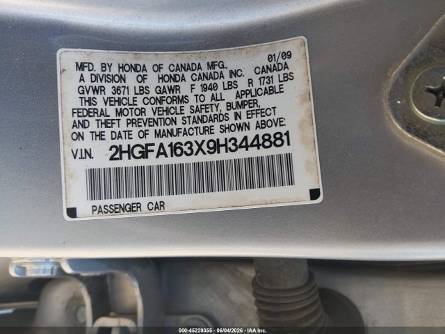 2009 Honda Civic Vp მანქანა იყიდება აუქციონზე, vin: 2HGFA163X9H344881, აუქციონის ნომერი: 45229355