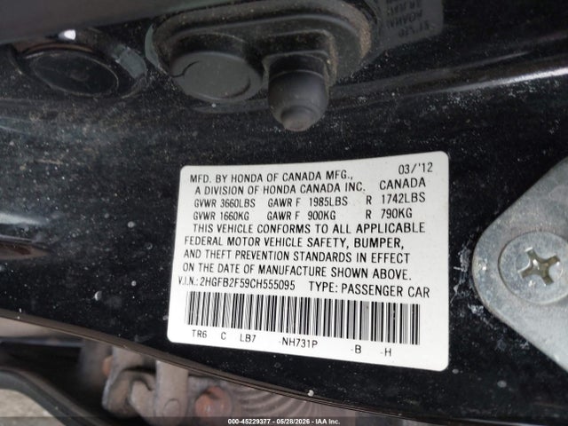 2012 Honda Civic Lx მანქანა იყიდება აუქციონზე, vin: 2HGFB2F59CH555095, აუქციონის ნომერი: 45229377