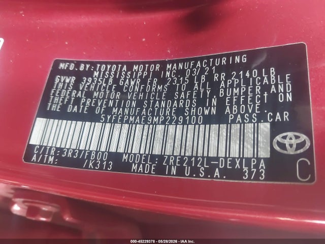 Toyota COROLLA LE 2021 5YFEPMAE9MP229100 Image 9