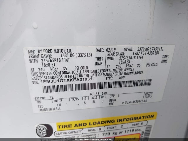 Aukcja sprzedaży 2019 Ford Expedition Xl, vin: 1FMJU1GTXKEA31031, numer aukcji: 45229387