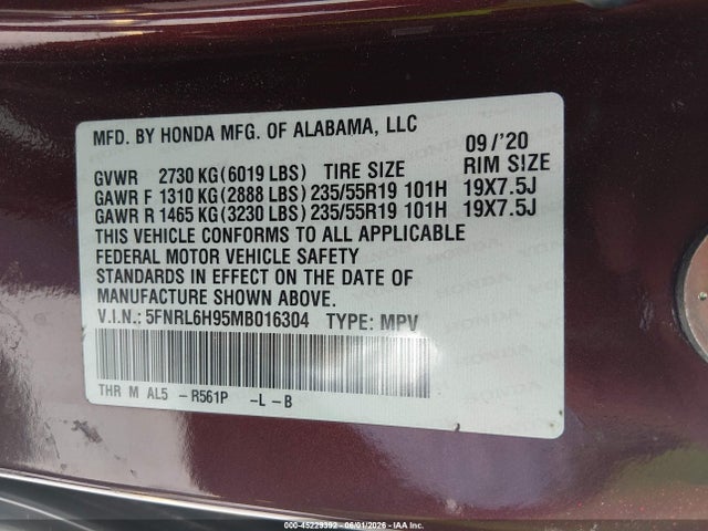 45229392 :رقم المزاد ، 5FNRL6H95MB016304 vin ، 2021 Honda Odyssey Elite مزاد بيع
