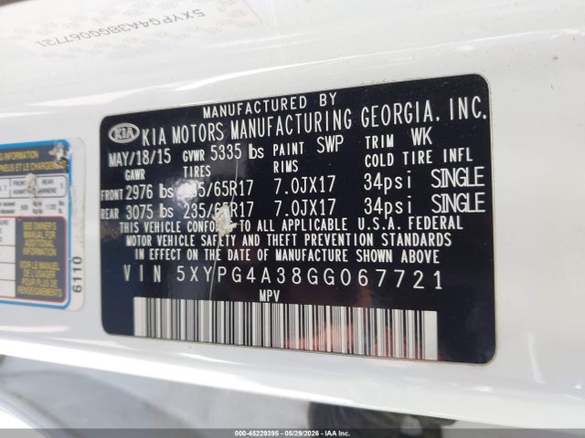 5XYPG4A38GG067721 KIA Sorento 2.4l Lx